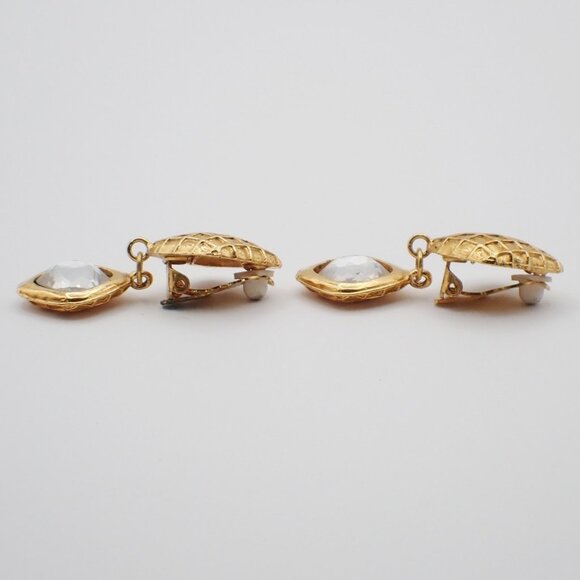 CHANEL Matelasse Diamond Shape Drop Earrings Rhinestone Clip-On Gold - Picture 3 of 10